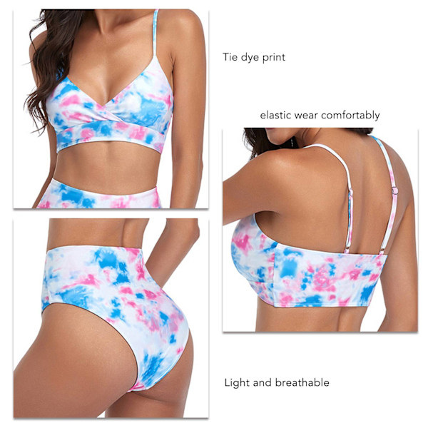 Delad Bikini Tie Dye Tryck Hög Midja Elastisk Andningsbar Bekväm Baddräkt för Strand Rosa XL