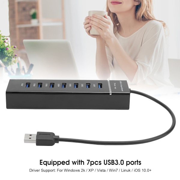 USB 3.0 Hub 7-port Splitter med blå LED-indikator Hög hastighet 5 Gbps BYLP107 DC 5V