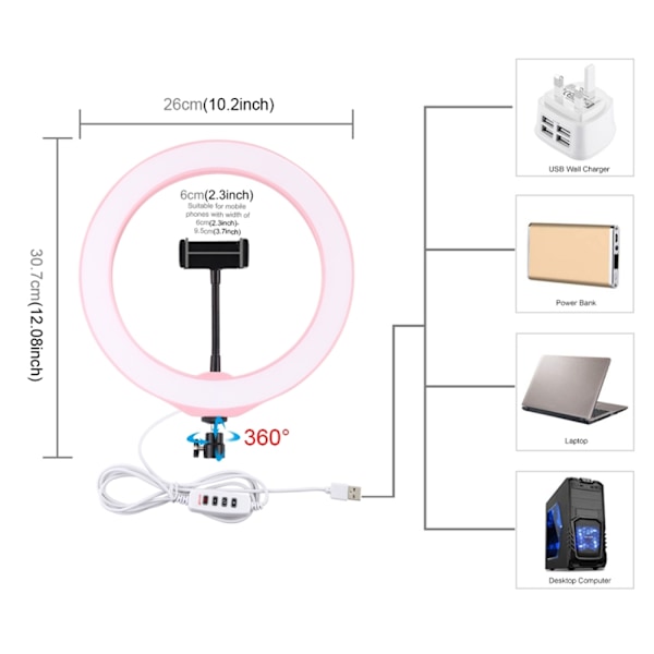 PULUZ PU397F 80 LED-ringljus med 3 färglägen, USB-port, stativ för telefon, livestreaming