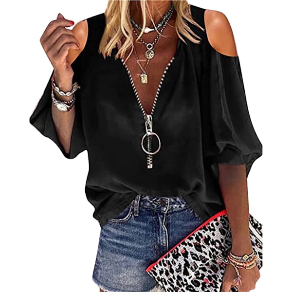 Dam Cold Shoulder Topp V-ringning Dragkedja Halv Ärm Casual Lös Passform Blus Svart M