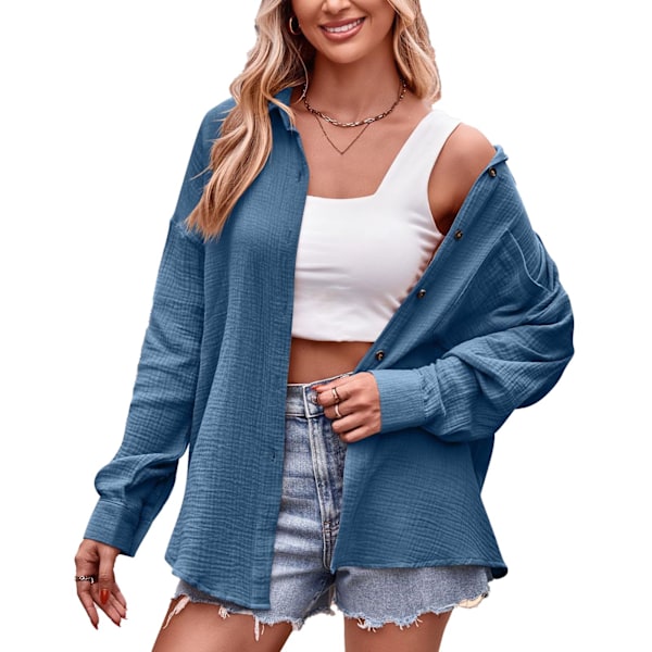 Dam Casual Långärmad Enfärgad Skjorta V-ringad Knäppning Ned Lapel Krage Blus Toppar för Fest Shopping Resor Blå M