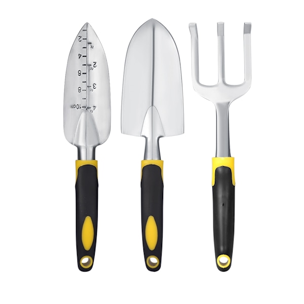 3-delt hageverktøysett med spade, støpt aluminiumshode og ergonomisk håndtak