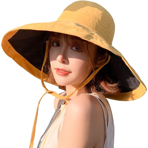 Solhatt för kvinnor, hopfällbar och vändbar bucket hat med UV-skydd, bredbrättad sommarhatt för stranden$Solhatt för kvinnor, bredbrättad sommarhatt för stranden Yellow