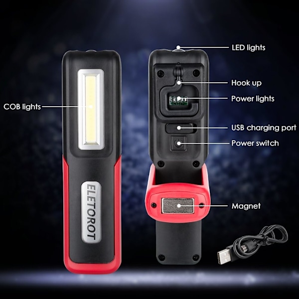 COB-ficklampa med magnetisk bas, uppladdningsbar LED-lampa för nödsituationer, hopfällbar design