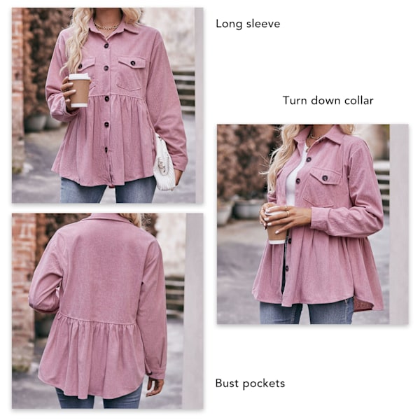 Dam Långärmad Topp Enkelknäppt Bröstfickor Nedfälld Krage Lös Fåll Ledig Blus Rosa XL