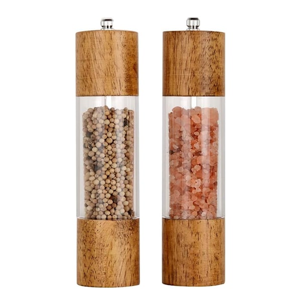 Avancerade Akryl Trä Salt- och Pepparkvarnar, Keramisk Kvarn med Justerbar Grovlek, Transparent Design för Enkel Kryddidentifiering