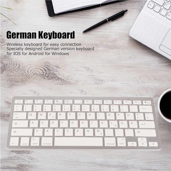 Trådløst tastatur, bærbart, universelt, slankt, stille, trådløst Bluetooth-tastatur, tysk tastatur for IOS, Android og Windows
