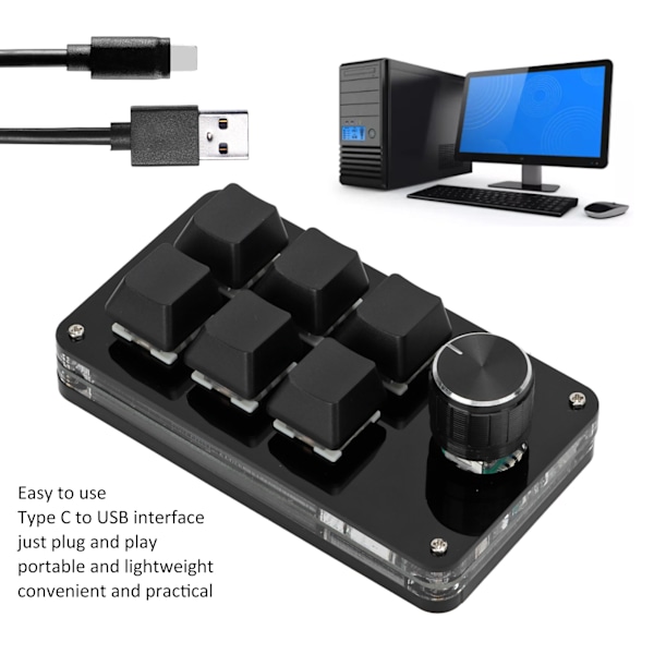 Enhånds mekanisk tastatur Multifunksjon 6-tasters Mini Gaming Keypad Snarvei Programmerbar tastatur med knott(Matt Svart Blank Svart )