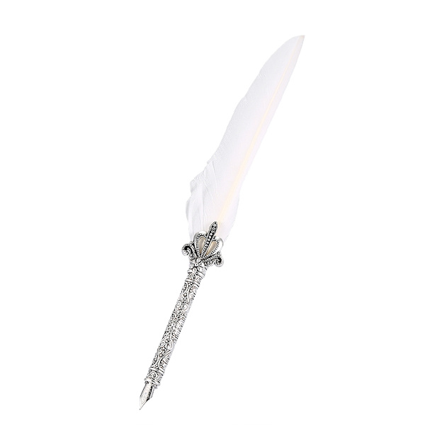 Europæisk Retro Quill Legering Fjer Skrivning med Pen Nibs & Gaveæske Sæt Med Blækflaske Hvid