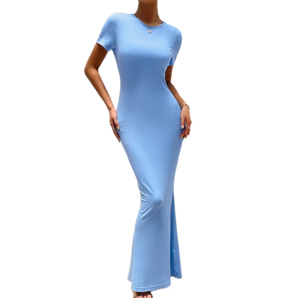 Dam Kortärmad Bodycon Maxiklänning Rund Hals Fiskejärt Fåll Casual Slim Fit Midiklänning Blå S