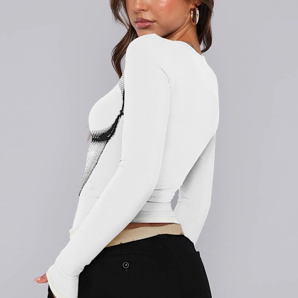 Kort damtopp med tryck, långärmad, rund hals, slim fit, linne för kvinnor, vit L