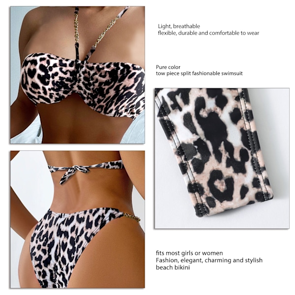 2-delad Baddräkt Guld Kedja Rem Push Up Bikini Set för Kvinnor Tjej Poolpartyn Leopardtryck S