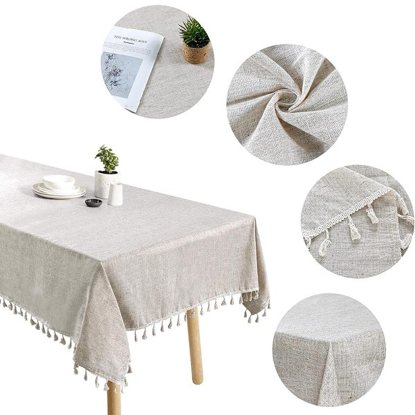 Vattentät Duk med Anti-Skrynkel Funktion, Tofs Kant Bomull Linne Blandning för Inomhus Utomhus Matbord Dekoration (Beige, 140 x 220 cm)