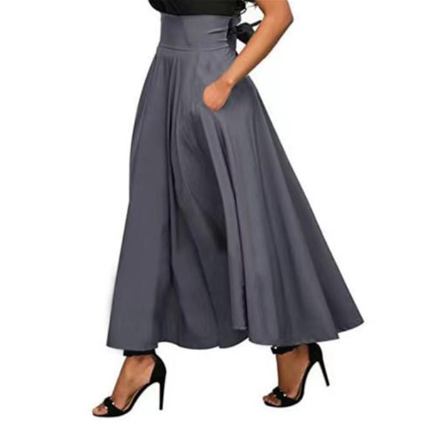 Maxikjol för damer, enfärgad med rosettbälte, fashionabel och elegant, maxikjol för kvinnor för dejting utomhus, mörkgrå 3XL