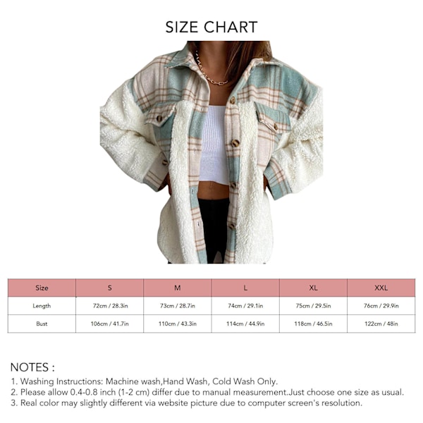 Long Sleeve Plaid Coat Button Print Stitching Pocket Turn Down Collar Lady Loose Fit Coat Green XL