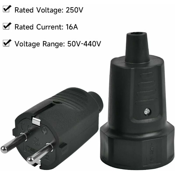 Standard Europeisk Schuko Hankontakter &amp; Honkontakter, 3 st Återanslutningsbara Huvudströmanslutningar, Slitstarkt Gummiskydd, Märkspänning 250V, Märkt