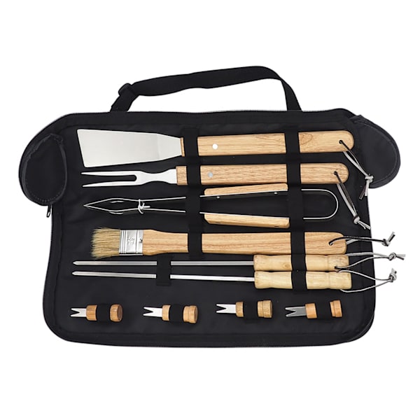 10PCS Grilling Tool Set Rustfritt Stål med Tregrep Grillredskaper for Piknik Grill