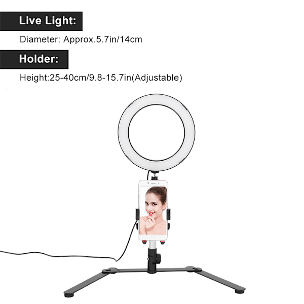 LED-rengasvalaisin, matkapuhelimen pidike, jalustakiinnike meikkiin, live-videoihin ja kuvauksiin