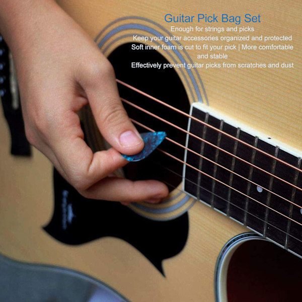 Guitar Pick Bag Set Celluloid Picks Opbevaringspose Holder Etui PU Læder til Instrument Tilbehør Sort