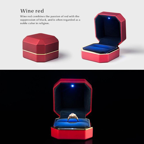 LED Ring Box Ottekantet Fløjls Bryllupsring Etui Smykke Gaveæske med LED Lys til Smykkevisning Bryllup Forlovelse