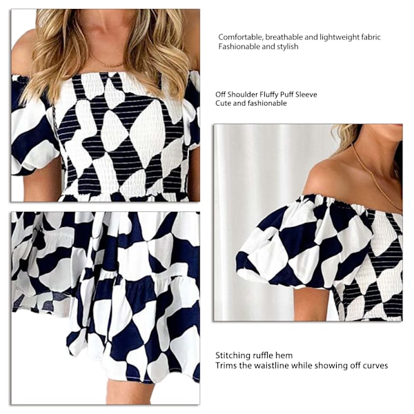 Off Shoulder Lång Klänning Puffärm Volangfåll Off Shoulder Rynkad Tryckt Klänning för Kvinnor Svart Vit Grafisk M