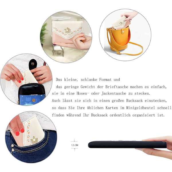 Liten damhandväska, liten plånbok, liten damhandväska, tjejers korta format gjord av smidigt och mjukt konstläder med många fack