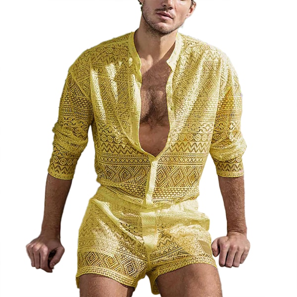 Herr Skjortset med Spets Blommig Långärmad Enfärgad Andningsbar Casual Ihåliga Shorts Set för Män Gul XL
