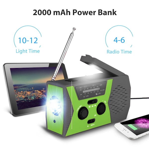 Nödhandvevradio med 3 LED-ficklampa, AM/FM/NOAA bärbar väderradio med 2000mAh Power Bank telefonladdare, solenergi USB