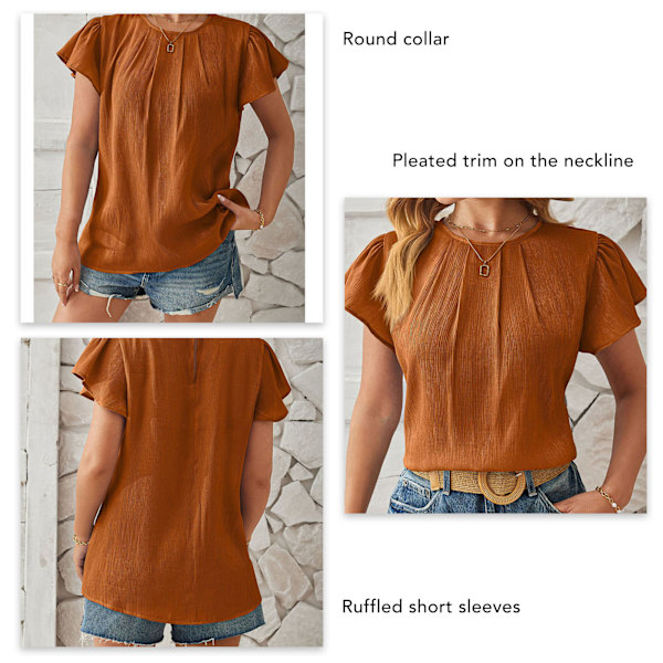 Dam Ruffle Kortärmad Topp Plisserad Halsringning Trim Bakre Spänne Sommar Casual Lös Passform Blus Brun XL