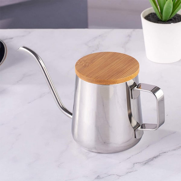 Häll över Kaffekanna Droppkaffebryggare med Lock Rostfritt Stål Gooseneck Kanna Kaffebryggare Café Bar Barista Gåva Silver 350ml