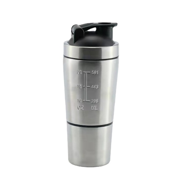 Shakerflaske med opbevaring til pulver, rustfrit stål shakerflaske med piskeris, BPA-fri