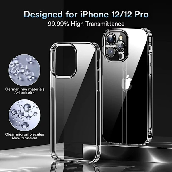 Kristallklart Stöttåligt Skal för iPhone 12/12 Pro, Ultratunt Skyddsfodral med Teknik som Aldrig Gulnar, Upphöjda Kanter för Trådlös Laddning