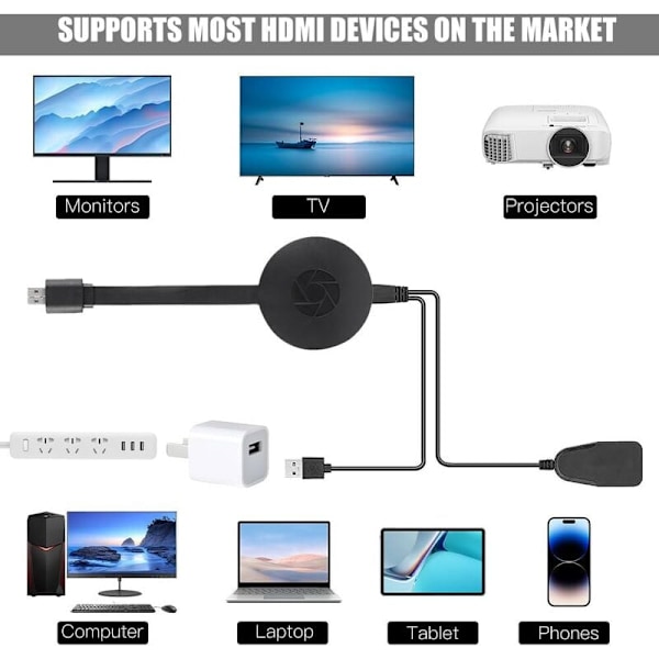 Trådlös Display Adapter för 3D Stereo HD-TV, Bärbara Datorer & Smartphones, Portabel & Tålig Multimedia Streaming Dongel med Intern Antenn för Stabil Anslutning