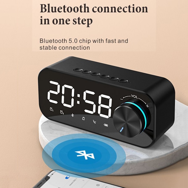 Digital radioväckarklocka Bluetooth-högtalarklocka med tid och alarm LED-display och spegelyta för skrivbord