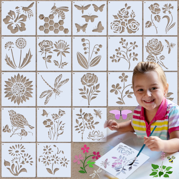 20 Pcs Flower Stencils Insect Floral Painting Stencils,(5 x 5 inch) Painting Stencils for Crafts Reusable, Art Stencil for Painting, DIY Drawing Templ