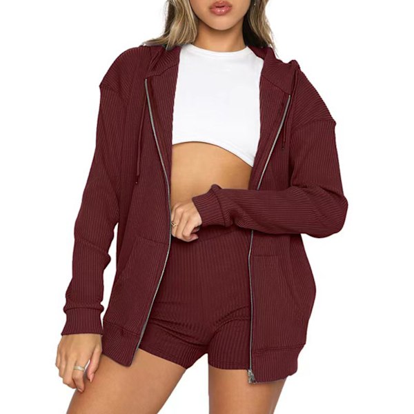 Hoodie med dragkedja och shorts set Långärmad Polyester Andningsbar 2-delad Dam Lounge Set för Jogging Vinröd S