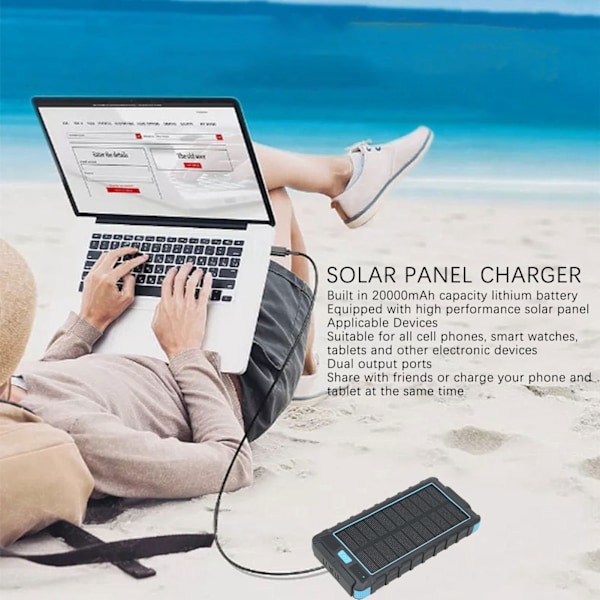 Bærbar Solcelledrevet Telefonoplader 20000mAh Solcelle Powerbank med Kompas og LED Lommelygte til Udendørs Sort Blå