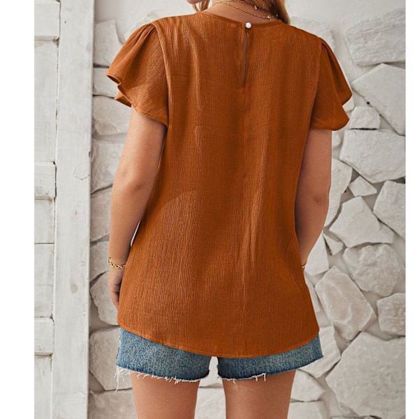 Dam Ruffle Kortärmad Topp Plisserad Halsringning Trim Bakre Spänne Sommar Casual Lös Passform Blus Brun XL