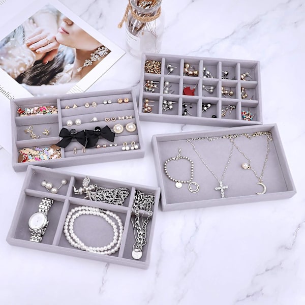 Smyckesfack Organizer Set om 4 Sammetsstapelbara Smyckeslådor Organizer Fack Örhänge Ring Halsband Armband Display Stativ Showcase Smyckesförvaring