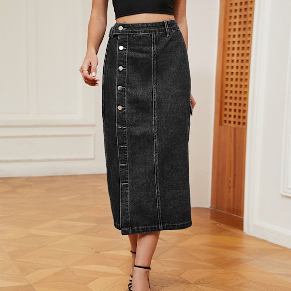 Dam Casual Kjol Halv Elastisk Midja Sidoslits Knäppning Fram Mode Midi Kjol för Vardagslivet Kolgrå XXL