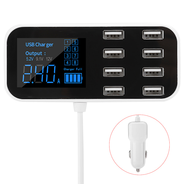 Ultrathin USB-biltelefonlader med 8 porter, direkte lading fra sigarettenneren