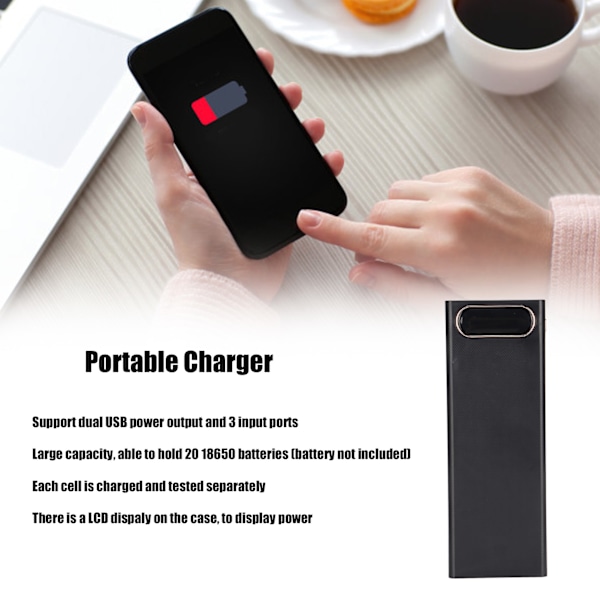 L20 18650 Batterihållare 10W DIY Mobil Powerbank Fodral Bärbar Batteriladdare med LCD-display för 20 Batterier Svart