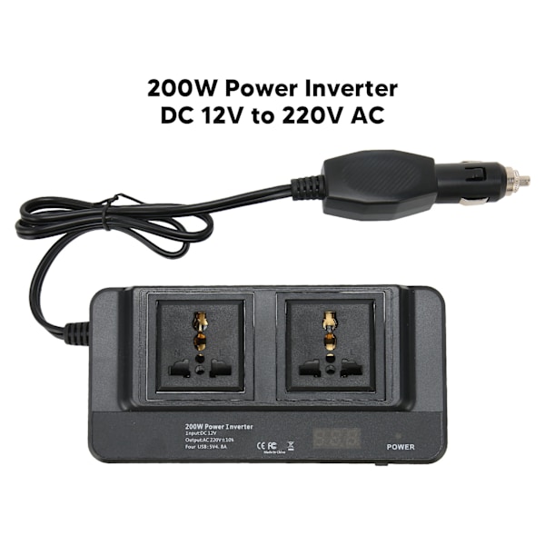 200W Power Inverter DC 12V til 220V AC med 2.1A 4 Port USB Multi Beskyttelse Universal til Køretøjer