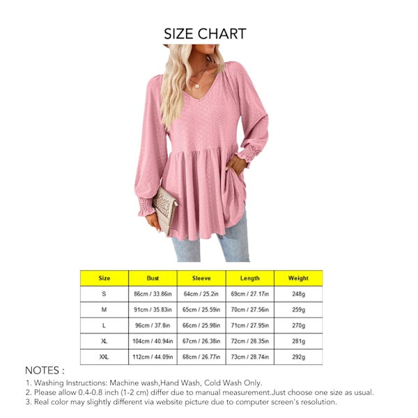 Dam V-ringad Långärmad Topp Rynkad Manschett Lös Volangkant Trendig Mångsidig Casual T-shirt Rosa M