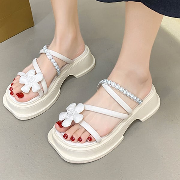 Slippers med öppen tå, tjock sula, blomdekoration, trendiga, avslappnade, bekväma sandaler för strand, shopping, resor, beige, 38