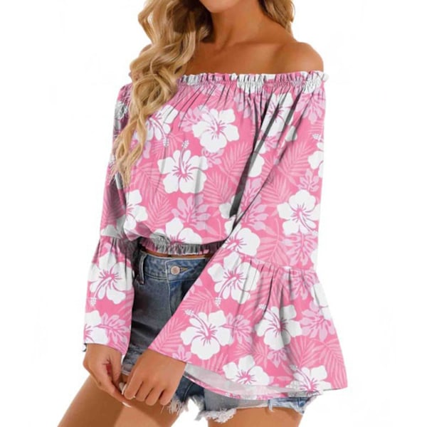Dam Off Shoulder Topp Casual Utsvängd Långärmad Volang Blus Rynkad Lös Elegant Skjorta Rosa L