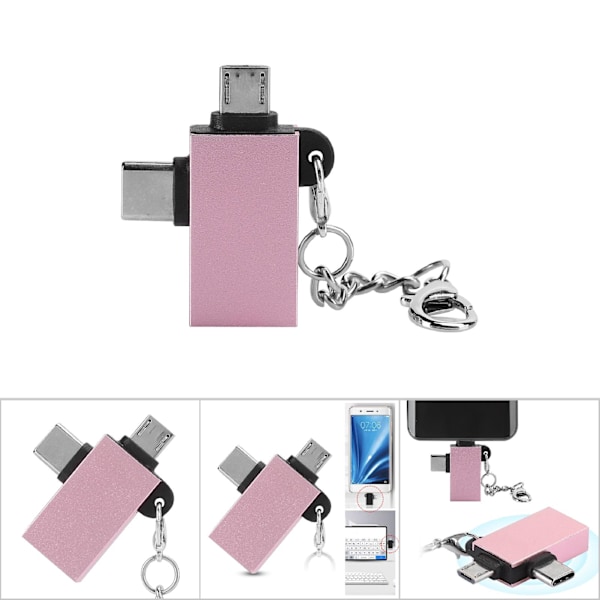 2PCS 2 i 1 USB OTG-adapter med USB 3.0-grensesnitt USB til Type C-adapterkonverter for Android (rosa gull med kjede)