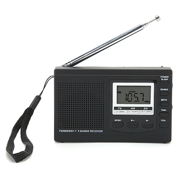 Bærbar Mini Radio FM/MW/SW Mottaker med Digital Alarm Klokke FM Radio Mottaker Svart