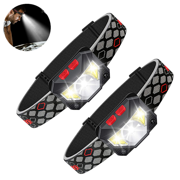 Uppladdningsbar Pannlampa, Rörelsesensor, Superstark LED, IP65 Vattentät, 6 Ljuslägen För Camping Cykling, USB C Uppladdningsbar, Väderbeständig