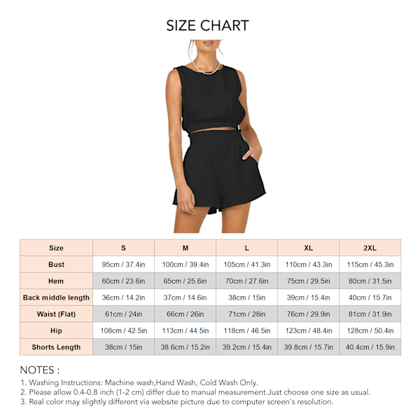 Dam Enfärgad 2-delad Outfit Casual Rundhals Linne Rynkad Högmidjad Shorts Set för Dejting Svart L